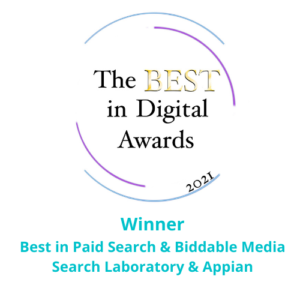 The BEST in Digital Awards 2021 logo with the award Search Laboratory digital marketing agency won for their work on their client Appian.
