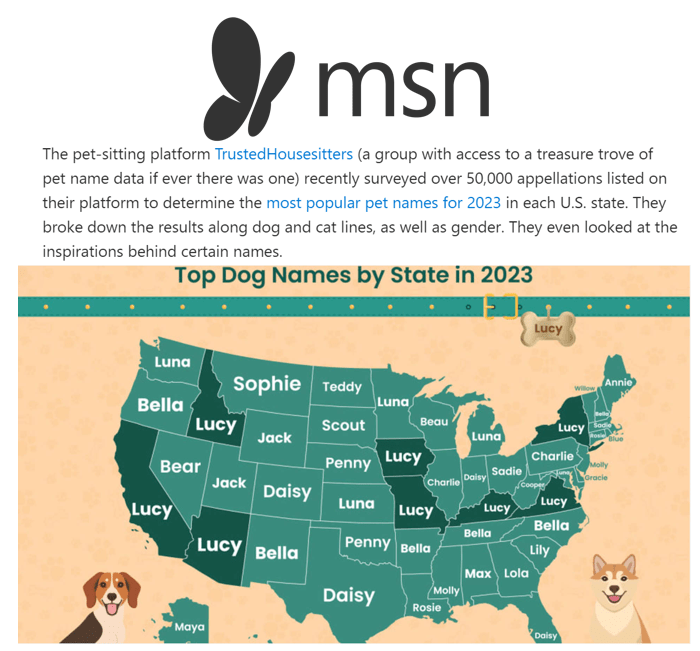 TrustedHousesitters Popular Pet Names by State digital PR and content marketing campaign created by Search Laboratory and appeared on MSN.