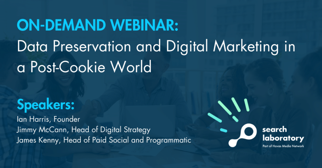 A screenshot from the title card of a webinar hosted by Search Laboratory digital marketing agency called 'Data Preservation and Digital Marketing in a Post-Cookie World'.