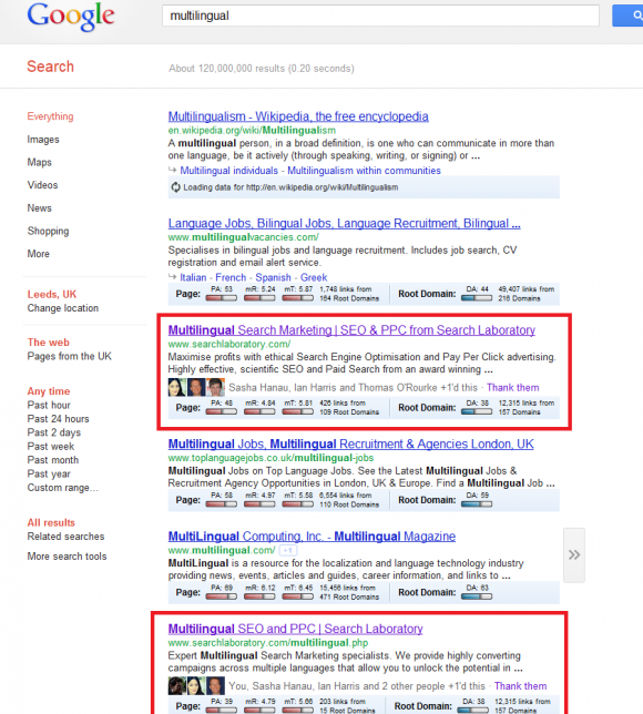 Google results including Google + results