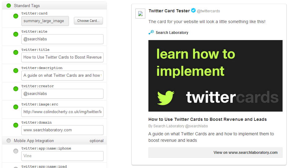 The Twitter Card Validator Tool makes it easy to generate the right Twitter Card HTML as well as giving a preview of what the Tweet will look like.