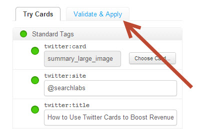 Once your page is live with the Twitter Card code embedded, apply for approval using the card validator tool.