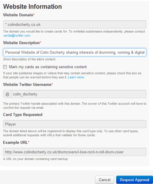 Twitter Card approval requires that you give some basic information about the site you want to use it for.