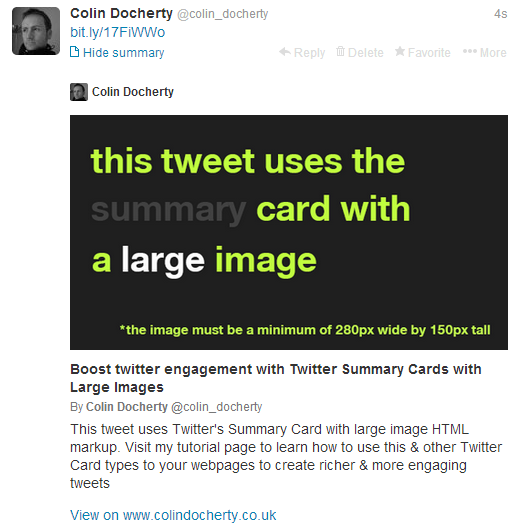 What the Large Summary card looks like in a Twitter timeline.