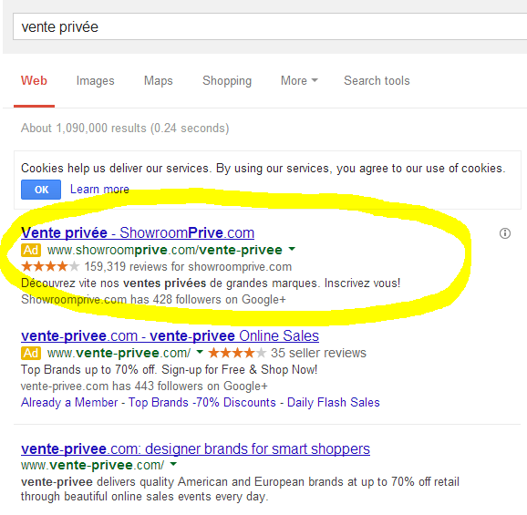 Google search results for vente privee