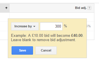  AdWords mobile bid adjustment screenshot.