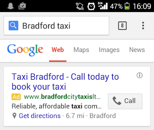 Mobile phone screenshot of click-to-call ad.