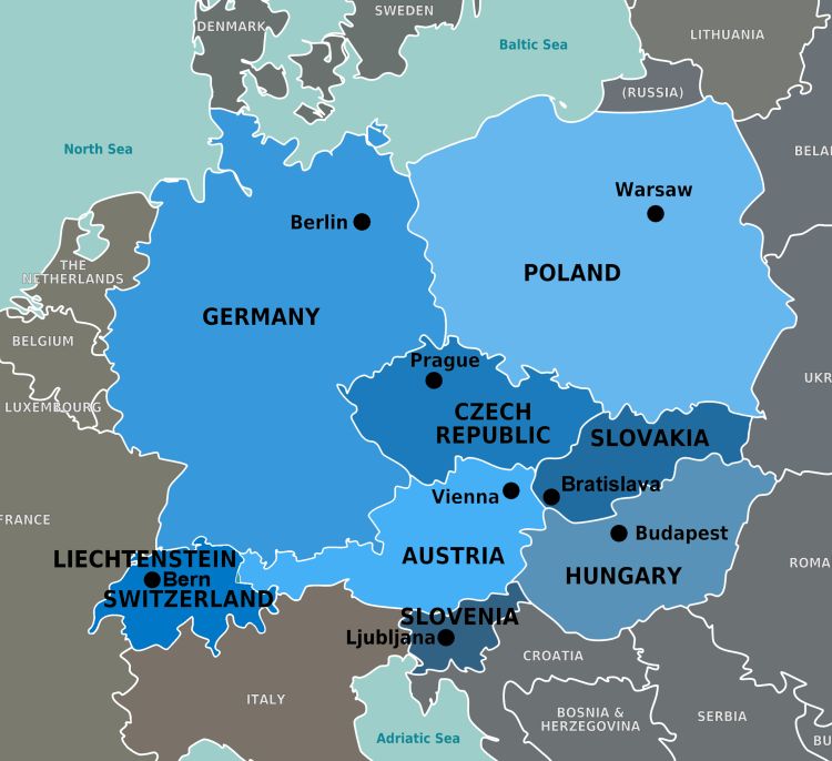 Map of Europe with Austria and Germany