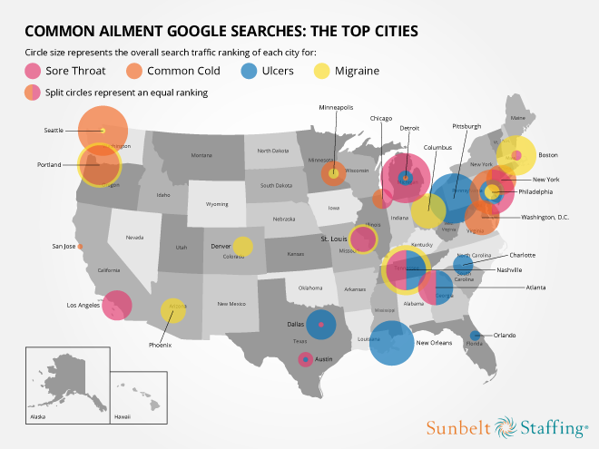 An infographic showing a map of the United States of America. It was used for a digital PR campaign about common ailment Google searches by Search Laboratory digital marketing agency for Soliant.