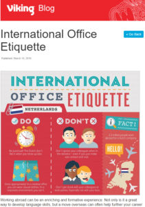 A screenshot from Viking office supplies blog showing a digital PR campaign about international office etiquette. The campaign was created and run by Search Laboratory digital marketing agency.