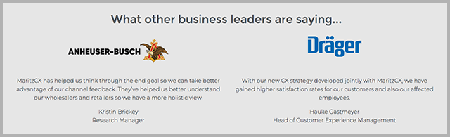 Two examples of social proof, one from Anheuser-Busch and the other from Drager, on the reoptimised webpage for MaritzCX. The work was carried out by Search Laboratory digital marketing agency.