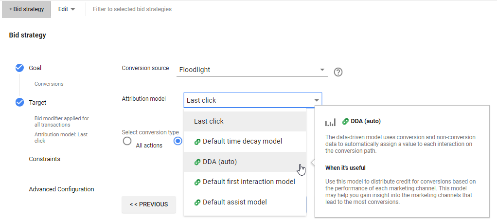 A screenshot of Search Ads 360 bid strategy page. The attribution model section is highlighted with DDA (auto).
