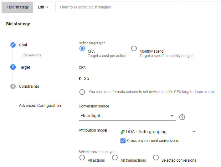 A screenshot of the bid strategy screen of Search Ads 360. The conversion source has been set as Floodlight.