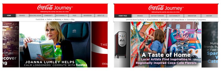 Two screenshots from Coca-Cola's website in the UK and US, showing the different audience targeting for each market.