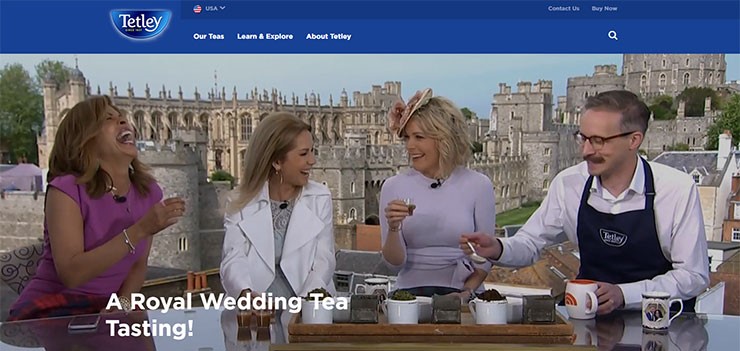 A screenshot of the US Tetley Tea website showing 'A Royal Wedding Tea Tasting' on the homepage.