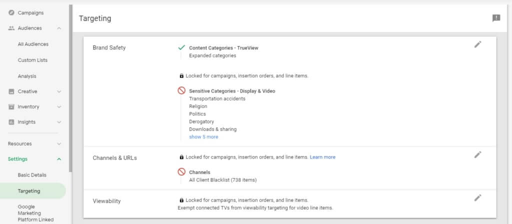 Targeting and Insertion order level in Display & Video 360.