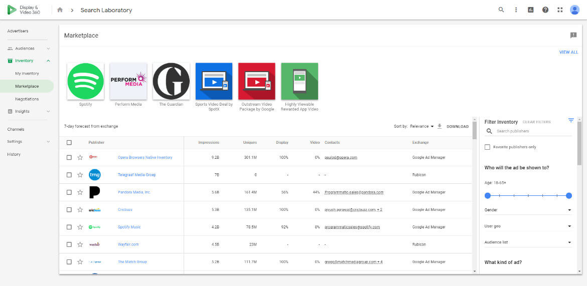 A screenshot of the inventory module that is on Google Display and Video 360.