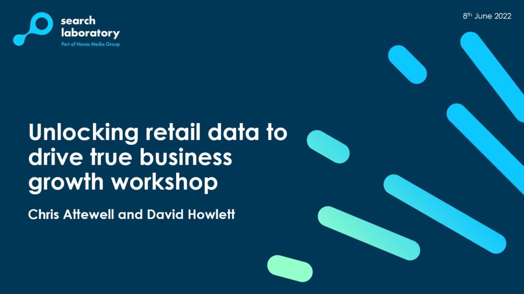The title card for the Search Laboratory workshop called 'Unlocking retail data to drive true business growth'
