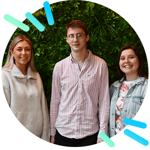A photo of the three people taking part in the first-ever entry level programme at Search Laboratory digital marketing agency.