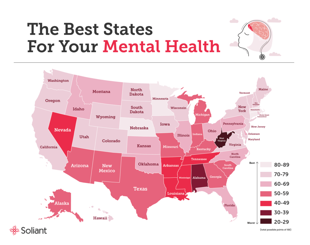 An infographic showing the best states for your mental health digital PR campaign for Soliant by Search Laboratory digital marketing agency.